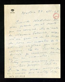 Carta de Gabriel Maura a Melchor Fernández Almagro en la que le agradece el envío del recorte y l...