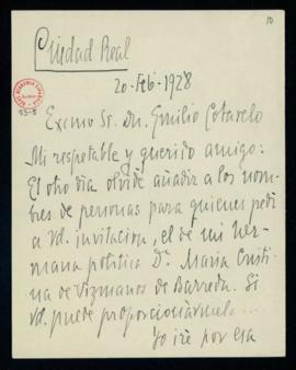 Carta de Luis Barreda a Emilio Cotarelo en la que añade el nombre de su hermana política, María C...