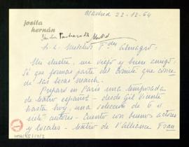 Carta de Josita Hernán a Melchor Fernández Almagro en la que le pregunta si cree que podría pedir...