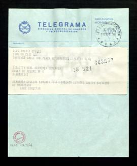 Telegrama de [Rodolfo] Oroz, director de la Academia Chilena, al director de la Academia en el qu...