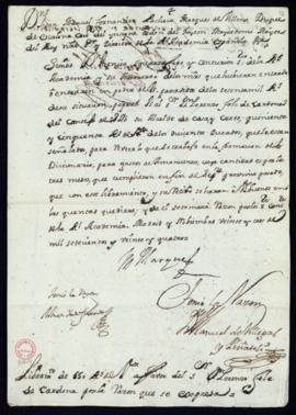 Orden del marqués de Villena a Vincencio Squarzafigo de libramiento a favor de Lorenzo Folch de C...