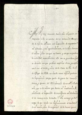 Carta de Pedro Peralta Barnuevo a Vincencio Squarzafigo en la que acusa recibo y agradece el enví...