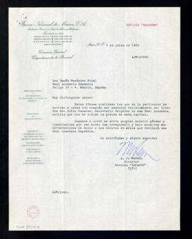Carta del director de la revista Banamex, A. J. Moreno, a Ramón Menéndez Pidal con el pésame de l...