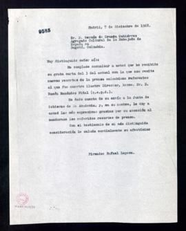 Copia sin firma de la carta de Rafael Lapesa a Germán de Granda Gutiérrez, agregado cultural de l...