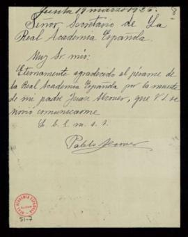 Carta de Pablo Alcover al secretario [Emilio Cotarelo] en la que expresa su agradecimiento por el...