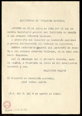 Copia del decreto de nombramiento de Armando Cotarelo Valledor en el cargo de secretario perpetuo...