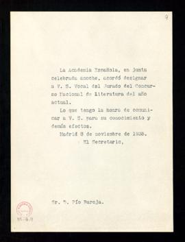 Copia del oficio del secretario a Pío Baroja de traslado de su designación como vocal del jurado ...