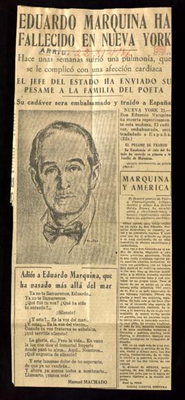 Recorte del diario Arriba con la noticia Eduardo Marquina ha fallecido en Nueva York