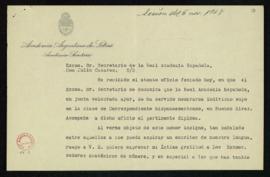 Carta de Carlos Obligado al secretario, Julio Casares, en la que le acusa recibo y le ruega que a...