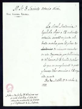 Minuta del oficio del secretario [Mariano Catalina] a Jacinto Octavio Picón de comunicación de su...