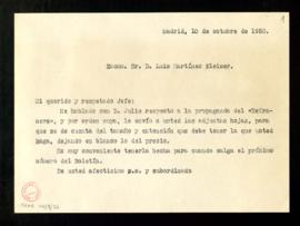 Copia sin firma de la carta a Luis Martínez Kleiser para enviarle, por orden de Julio [Casares], ...