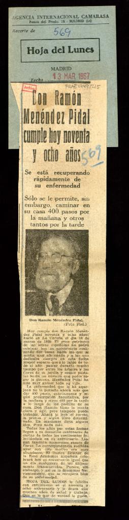 Recorte del diario Hoja del Lunes con el artículo Don Ramón Menéndez Pidal cumple noventa y ocho ...