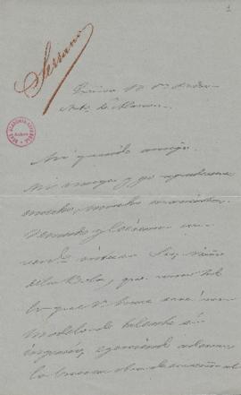 Carta de Francisco Serrano a Pedro Antonio de Alarcón para agradecer el ejemplar de El niño de la...