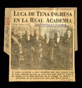 Recorte del diario Informaciones con una fotografía del acto de recepción de Juan Ignacio Luca de...
