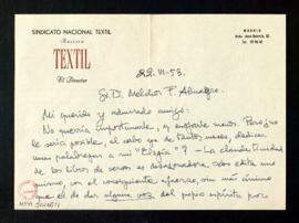 Carta del director de la revista Textil a Melchor Fernández Almagro en la que le pide que dedique...