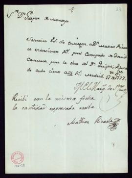 Orden del marqués de Santa Cruz a Gaspar de Montoya del pago a Matías Ricarte de 35 reales de vel...