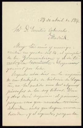 Carta de Esteban Oca a Emilio Cotarelo en la que le agradece el envío del ejemplar de la Gramátic...
