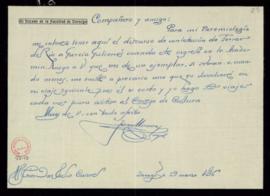 Carta de Juan Moneva a Julio Casares en la que le pide que le envíe, para su Paremiología, el dis...