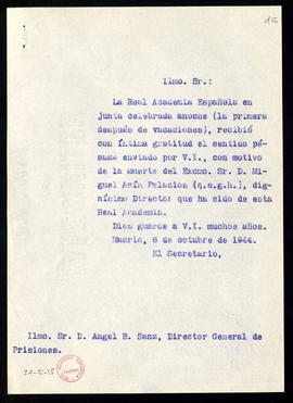 Copia sin firma del oficio del secretario a Ángel B. Sanz, director general de Prisiones, de tras...