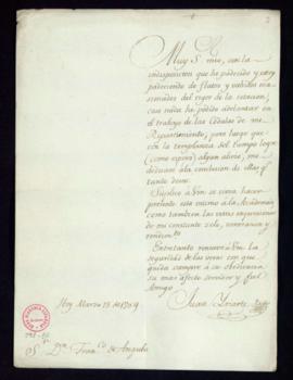 Carta de Juan de Iriarte a Francisco Antonio de Angulo en la que se excusa por no haber podido en...