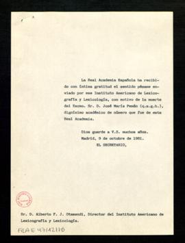 Copia sin firma del oficio del secretario [Alonso Zamora Vicente] a Alberto F. J. Otamendi, direc...