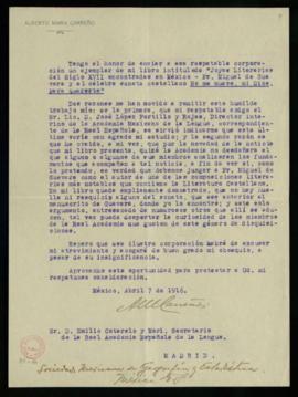 Carta de Alberto María Carreño a Emilio Cotarelo y Mori, secretario de la Real Academia Española,...