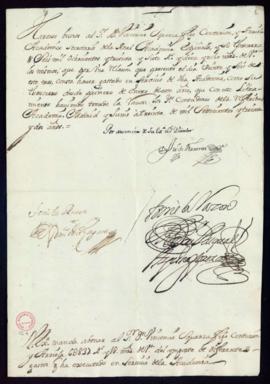 Orden de Juan de Ferreras, por ausencia del director, del abono a Vincencio Squarzafigo de 6837 r...