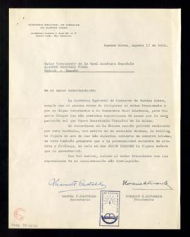 Carta de Manuel F. Castello y de Horacio C. Rivarola, secretario y presidente de la Academia Naci...