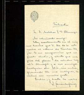 Carta de Wenceslao Fernández-Flórez a Melchor Fernández Almagro en la que le pide que le disculpe...
