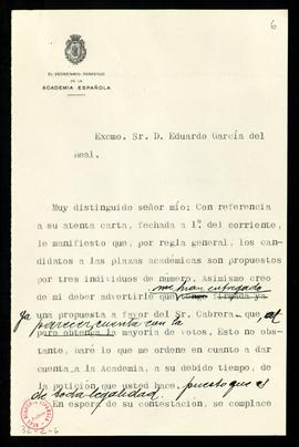 Minuta de la carta de Emilio Cotarelo a Eduardo García del Real en la que le indica que las propu...
