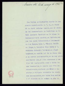 Carta de Salustiano Portela Pazos al secretario en la que acusa recibo de su nombramiento como ac...