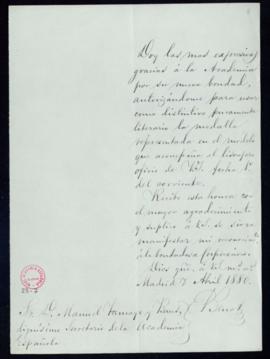 Carta de E[duardo] Benot al secretario, Manuel Tamayo y Baus, por la que agradece a la Academia l...