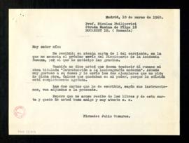 Copia de la carta de Julio Casares a Nicolae Philipovici para informarle de que accede a su deseo...