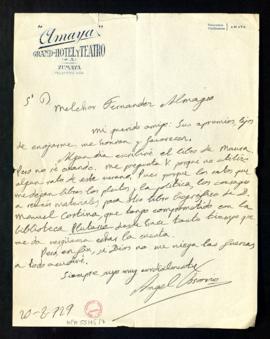 Carta de Ángel Ossorio a Melchor Fernández Almagro en la que le dice que escribirá algún día el l...