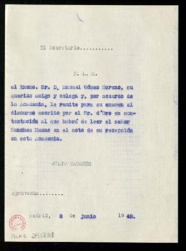 Copia sin firma del besalamano de Julio Casares, secretario, a Manuel Gómez-Moreno con la que le ...