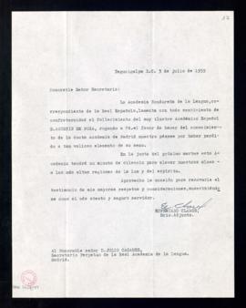 Oficio de Eufemiano Claros, secretario adjunto, de traslado del pésame de la Academia Hondureña d...