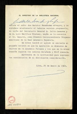 Saluda de Cristóbal de Losada, director de la Biblioteca Nacional de Perú, a Melchor Fernández Al...