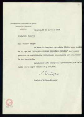 Carta de Fritz Krüger a Julio Casares en la que acusa recibo de un ejemplar de la obra Refranero ...