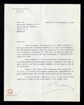 Carta de Jesús Prados Arrarte al secretario [Alonso Zamora Vicente] en la que acusa recibo de la ...
