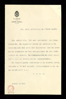 Copia sin firma de la carta de Ramón Menéndez Pidal al jefe artístico de Unión Radio, S. A. en la...