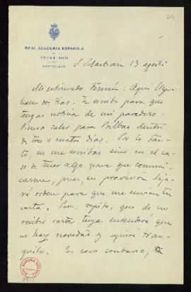 Carta de E[milio] Cotarelo a Fermín [Míguez] en la que le comunica que llegó a San Sebastián hace...