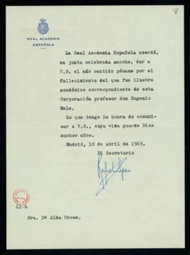 Oficio de pésame del secretario a Alda Croce por el fallecimiento de Eugenio Mele