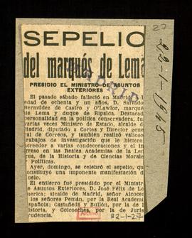 Recorte del diario Madrid sobre el entierro del marqués de Lema