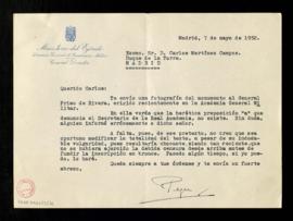 Carta de Pepe, director general de Enseñanza Militar del ministerio del Ejército a Carlos Martíne...