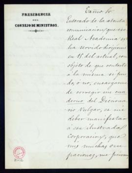 Carta de [Antonio] Cánovas del Castillo al director en la que le comunica que no puede encargarse...
