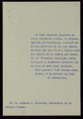 Copia sin firma del oficio del secretario [Julio Casares] a Antonio L. Valvederde, secretario de ...