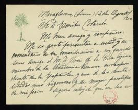 Carta de Ricardo Palma a Emilio Cotarelo en la que recomienda a José de la Riva Agüero