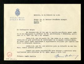 Carta del secretario particular del conde de Barcelona  a Melchor Fernández Almagro en la que le ...