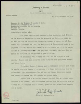 Carta de John D. Fitz-Gerald a Emilio Cotarelo en la que le indica que le faltan dos cuadernos de...