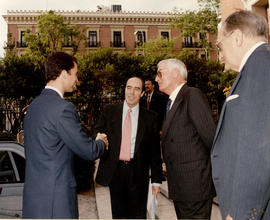 El príncipe de Asturias se despide del secretario de la Real Academia Española, Domingo Ynduráin,...
